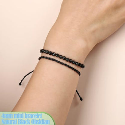 QOGIR 2pcs Handmade Healing Bracelet, Natural Gem Stone Crystal Elastic Bracelet - color: Black Obsidian(Self - Reflection), size: 4mm