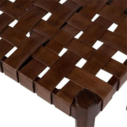 BOWERY HILL Farmhouse Wooden Leather Woven Stool, 18"x13.5"x18", Acacia Wood Frame and Genuine Leather, Brown Finish, Rectangular Design, Durable Seating for Living Room or Bedroom Use