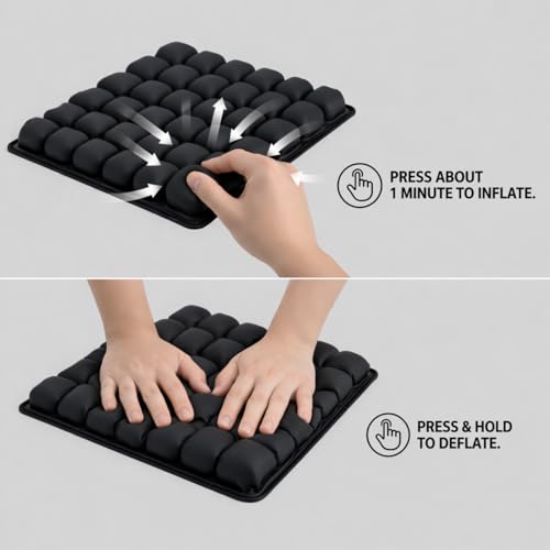 Inflatable Seat Cushion for Long Sitting – No External Pump Required (Inflates Using a Built-in air Valve), Adjustable Air Cushion for Office Chair, Airplane Travel, Car & Wheelchair