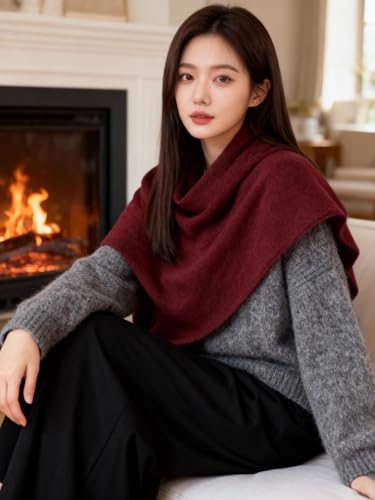 Women Pashmina Shawl Wraps Knitted Shawls and Wraps Cardigan Cape Wool Cashmere Shoulder Top Sweater Shawl Scarf - color: Wine Red
