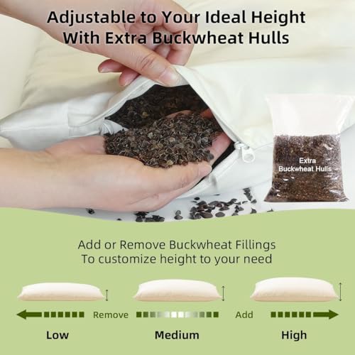 USlixury Organic Buckwheat Pillow for Sleeping with Extra Organic Pillowcase and Hulls, 20"X26" Buckwheat Hull Pillow, Adjustable Height and Firmness, Firm Neck Support for Side Sleepers, Cool, White - size: 20"X26"