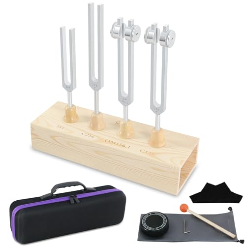 EASTROCK Tuning Fork 4 pcs Set for Music (384 hz, 256 hz, OM136.1 hz, 128 hz) for Sound Healing Meditation Energy Work Therapy Yoga - 4pcs Tuned Forks - size: 4SET+RB