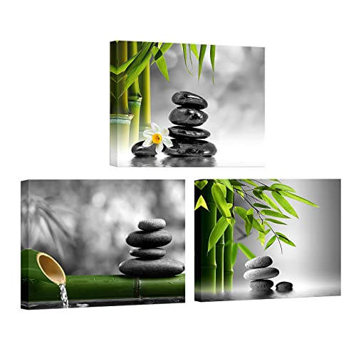 Zen Canvas Wall Art Still life with Bamboo Stone - Modern Artwork Green Bamboo Picture Framed Contemporary Home Decoration Ready to Hang 12"x16"x3Panels