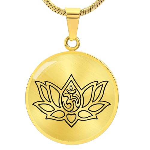 quan jewelry Yoga Lotus Flower Pendant Necklace with Om Symbol, Happy Birthday Gifts Ideas for Mom, Daughter, Women with Inspirational Quote on Gift Card - color: 18K Gold-Tone Cirle Plate