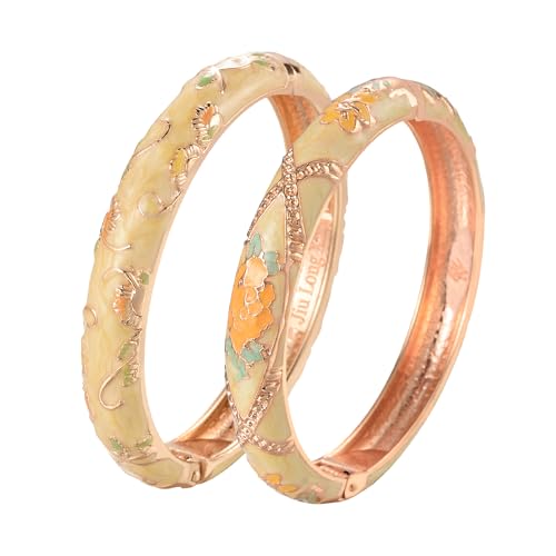 UJOY Classic Cloisonne Bracelets Enamel Jewelry Plated Bamboo Flower Cuff Metal Bangle for Women Gift Box - color: A108-2 Pcs Set-Yellow