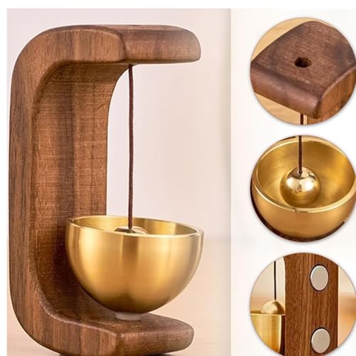 Master Flame Solid Wood Meditation Bell with Brass Bowl, Traditional C-Shaped Stand, Magnetic Striker, Healing Tones for Home, Office, Mindfulness, 15cm Height (Variation 1)