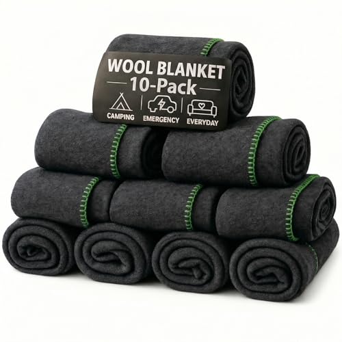 Wool Camping Blanket 10-Pack - 70% Wool Heavy-Duty Military Style Throw, Warm & Washable, Fire Retardant Cover for Emergency, Survival & Outdoor Use - For Camping, Car, Home & Hiking, Grey 62x84 - color: Grey, size: 62x84 - 10 Pack