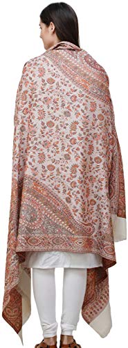 Exotic India Reversible Jamawar Shawl with Woven Paisleys - Wool - color: Snow White