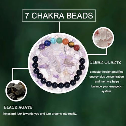 Strong Healing Crystal Bracelet 8MM Genuine Stone Bracelet Lucky Beaded Bracelet Chakra Bracelet 6.5 inch Positive Energy Inspirational Gifts for Women Mom - style: 7 Chakra-Black Agate