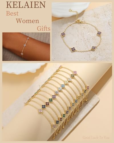Birthstone Gold Clover Bracelet Dainty 14K Gold Plated Cute Friendship Stackable Bracelets for Women No Tarnish Trendy Charm Best Friend Bracelet Stack for Birthday Jewelry - color: 02. February(Amethyst)