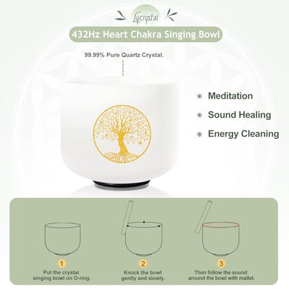 432HZ 8 Inch F Note Heart Chakra Crystal Singing Bowl Sound Healing, Frosted Quartz Crystal Tree of Life Sound Bowl, Sude and O-ring For Sound Healing Meditation - color: white Tree of Life, size: 8"F