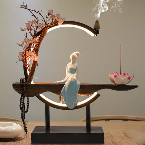 Incense Holder for Sticks, Tabletop Decor with LED Light Ceramic Tabletop Incense Burner Indoor Zen Relaxation for Office, Living Room, Bedroom