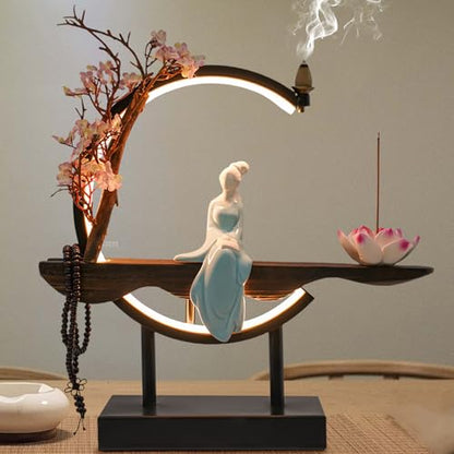 Incense Holder for Sticks, Tabletop Decor with LED Light Ceramic Tabletop Incense Burner Indoor Zen Relaxation for Office, Living Room, Bedroom