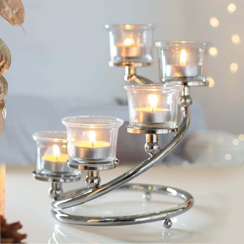 1Pc Silver 5-arm Metal & Glass Tea Light Candle Holders for Table Centerpiece, Glass Votive Tealight Holders/Candelabra Candlestick Holders for Wedding,Party, Anniversary,Christmas - color: Silver