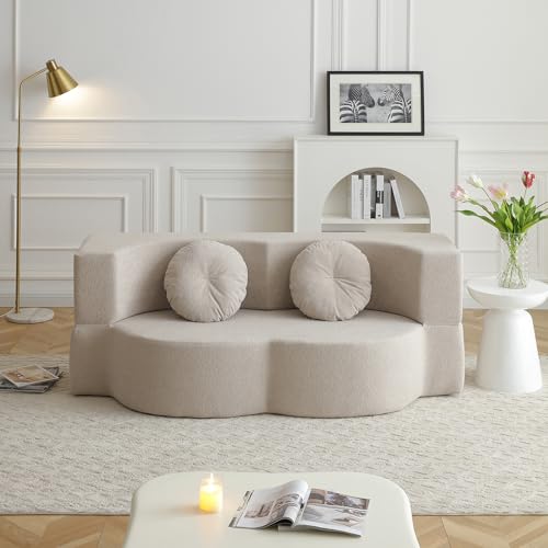 2-in-1 Folding Sofa Bed with Pillow, No Assembly Futon Twin Size Sofa Bed, Breathable Linen-Cotton Convertible Couch Bed for Living Room and Guest Room, 75.5 Inch,Khaki - color: Khaki-75.55", size: 2 seat