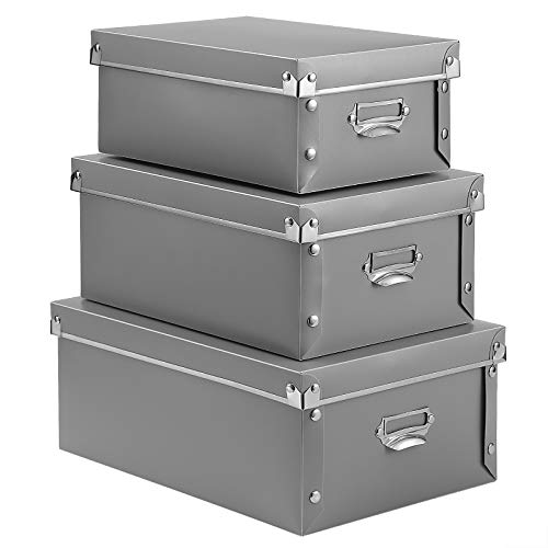 SEEKIND Storage Box, Decorative Storage Bins with Lid,3 in 1 Set,Plastic,with Handles,Press-Stud Fastening,Moisture-Proof,Foldable for Space Saving Storage,for Clothes, Cosmetic,Blankets (Grey) … - color: A-Gray