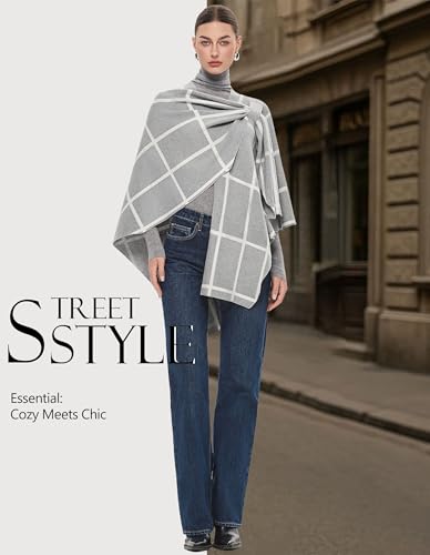 PULI Womens Elegant Cross Front Shawl Wraps Knitted Ponchos Cape Light Weight Poncho Sweater Soft Warm Travel Wraps - color: Classic Check-light Heather Gray and Ivory White