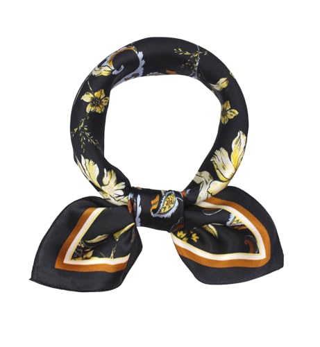 ANDANTINO 100% Mulberry Silk Scarf -21” Lightweight Square Neckerchief – Breathable Digital Printed Scarves with Gift Packed - color: Flowers-black