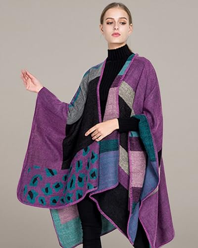 Women's Shawls and Wraps Open Front Poncho Cape Winter Sweater - color: L8-light Purple