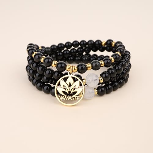 COAI Japamala Namaste Charm 108 Mala Beads Wrap Bracelet Stone Beaded Necklace - style: Black Obsidian