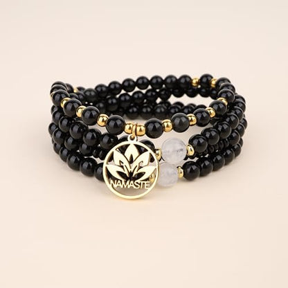 COAI Japamala Namaste Charm 108 Mala Beads Wrap Bracelet Stone Beaded Necklace - style: Black Obsidian