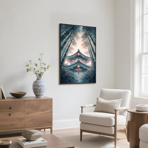 Framed Zen Bamboo Temple Poster Canvas Print Art Rustic Minimalist Aesthetic Wall Art Painting Pictures Wall Decor Exquisite Home Decor for Living Room Bedroom Office (Black,12"x16"inch)