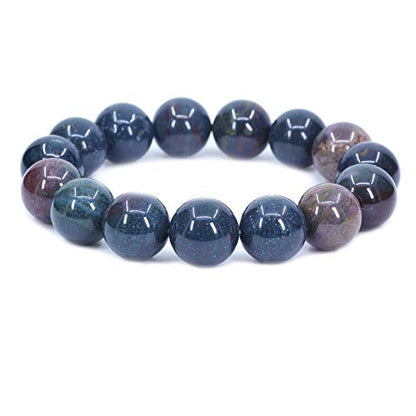 Keleny Natural Gem Semi Precious Gemstones 14mm Round Beads Crystal Stretch Bracelets 7 Inch Unisex - color: Green Bloodstone Heliotrope