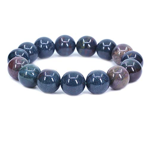 Keleny Natural Gem Semi Precious Gemstones 14mm Round Beads Crystal Stretch Bracelets 7 Inch Unisex - color: Green Bloodstone Heliotrope