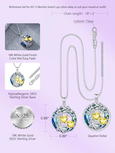 TOUPOP s925 Sterling Silver Family Celtic Tree of Life Pendant Necklaces with 2 Heart Birthstone with Blue Austrian Crystal Jewelry Birthday Valentines Day Gifts for Her, Anniversary Christmas Gifts for Wife Girlfriend Mom (18K Real White Gold Filled)