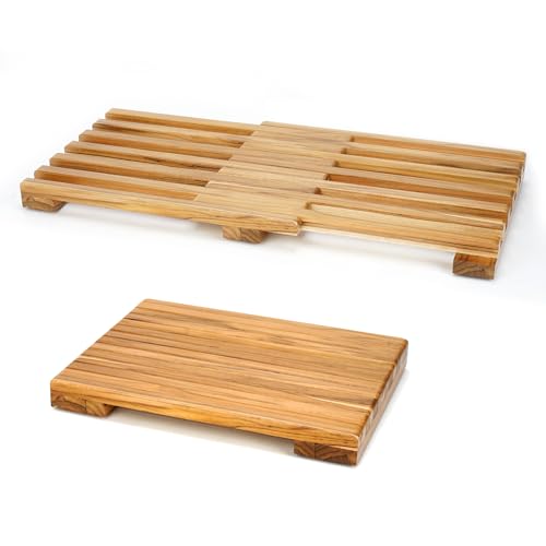 Teak Shower Mat – Adjustable Length Wooden Bathroom Mat, Non-Slip Bath Mat, Sauna Mat for Spa, Sauna Room, Pool, Indoor Outdoor Flooring