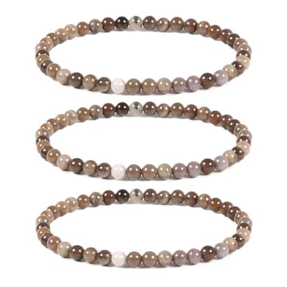Justinstones Gem Semi Precious Gemstone 3pcs 4mm Round Beads Stretch Bracelet 6.5 Inch Unisex - color: Petrified Wood Fossil