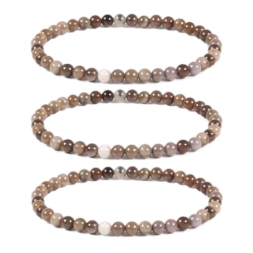 Justinstones Gem Semi Precious Gemstone 3pcs 4mm Round Beads Stretch Bracelet 6.5 Inch Unisex - color: Petrified Wood Fossil