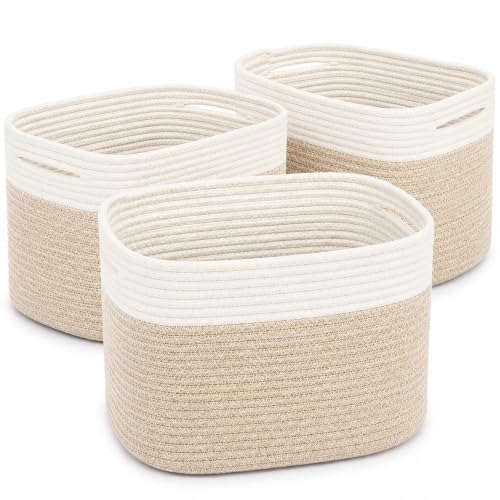 Light Honey Cotton Rope Baskets for Shelves, Set of 3 - 15"×10"×9½" - Woven Storage Baskets for Organizing - Closet, Nursery, Bedroom, Playroom - Toys, Books, Towels, Clothes - color: Mixed Honey