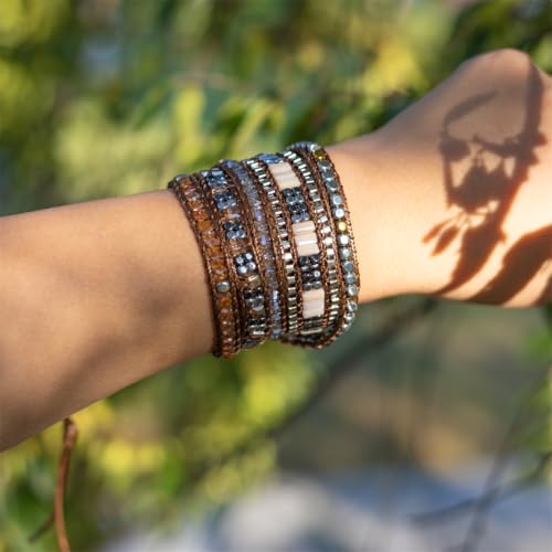 YGLINE Natural Stone Wrap Bracelet for Women Boho Bracelets Healing Crystal Beaded Bracelet Adjustable 3/5 Wraps Bracelet Handmade Birthday Gifts for Women - color: grey