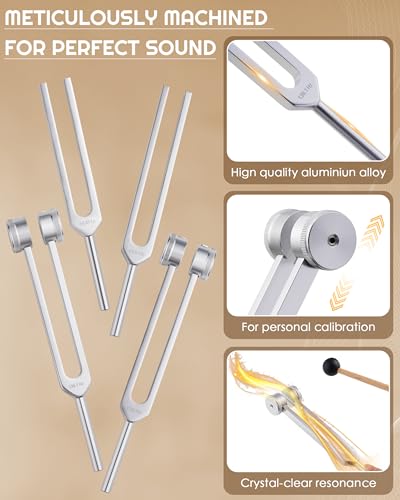 Tuning Forks for Healing Set-128Hz, 136.1Hz, 256Hz, 384Hz Weighted & Unweighted with Activator & Pouch-Complete Sound Therapy Kit for Chakra Balancing, Yoga, Meditation, Stress Relief & Energy Healing