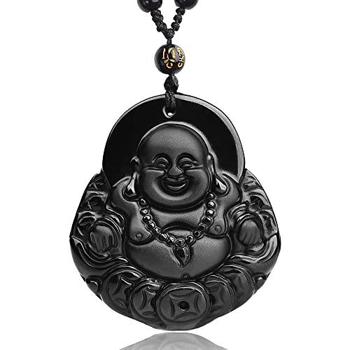 Black Obsidian Necklace Natural Crystal Amulet Protection Pendant with Adjustable Rope Lucky Talisman Necklaces Jewelry Gift for Men Women - color: Laughing Buddha