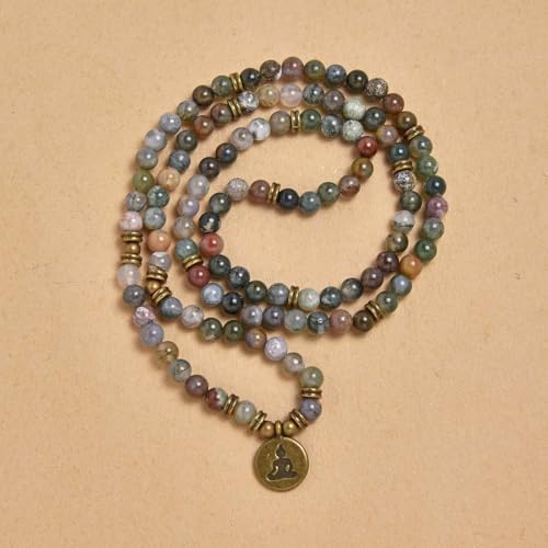 108 Mala Beads Bracelet Necklace with Yoga Symbol Buddha Charm – Gold-Plated Meditation Jewelry, Healing Stone, Ideal Spiritual Gift for Yoga & Meditation - style: Indian Agate