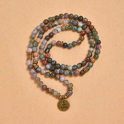 108 Mala Beads Bracelet Necklace with Yoga Symbol Buddha Charm – Gold-Plated Meditation Jewelry, Healing Stone, Ideal Spiritual Gift for Yoga & Meditation - style: Indian Agate