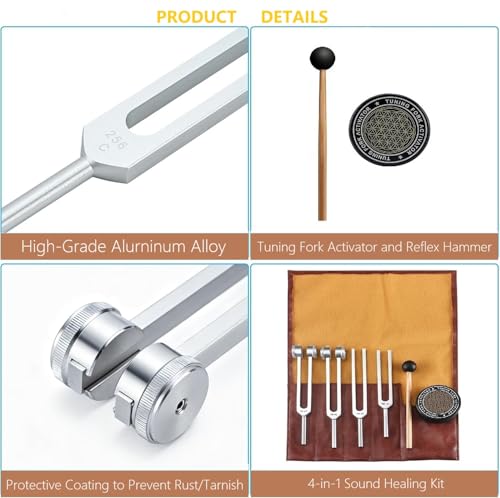 Tuning Fork Set 128Hz,136.1Hz,256Hz,384Hz with Activator Generates Weighted and Unweighted Sounds for Chakra Balancing,Yoga,Meditation and Relaxation