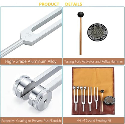Tuning Fork Set 128Hz,136.1Hz,256Hz,384Hz with Activator Generates Weighted and Unweighted Sounds for Chakra Balancing,Yoga,Meditation and Relaxation