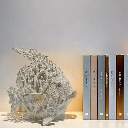 Beach Coastal Decor Coral Reef Angelfish Home Office Desk Decor Sculpture Statue for Tabletop Shelf Bathroom Decoration Ornament Gift (White)