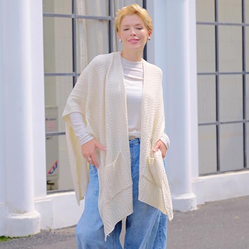 MissShorthair Knit Shawl Wraps for Women Boho Crochet Shawls Cape Open Front Cardigan - color: Ivory