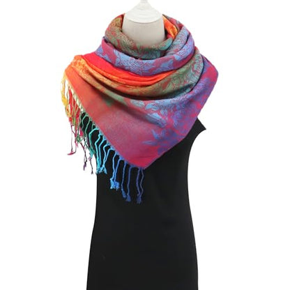 Rave Pashmina Scarf, Fashion Colorful Shawls and Wraps Soft Festival Scarves - color: C-jujube Red (Flower Pattern)