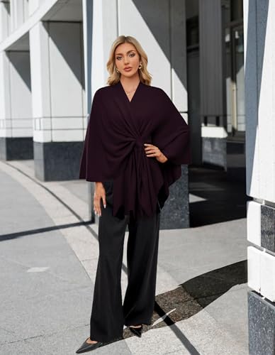 PULI Women's Elegant Shawl Wraps Soft Open Front Poncho Sweater for Spring Fall Winter - color: Front Tab-burgundy