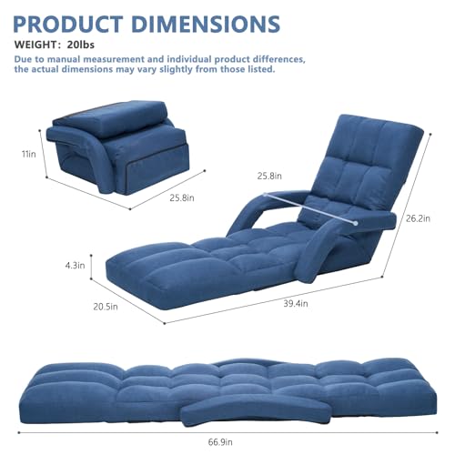 Adjustable Floor Gaming Chair for Adults with Armrests & Adjustable Footrest, 14-Position Folding Chaise Lounge Sofa for Living Room, Bedroom, Balcony (Blue) - color: Blue