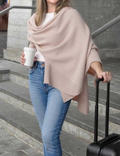 EsheSy Women's Shawl Wrap Open Front Poncho Sweater Ribbed Hem Loose Shrug Cardigan Scarf Travel Cover ups - color: Apricot