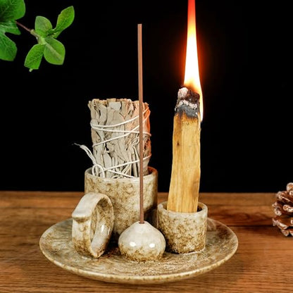 MOUGIGI 5.1Inch 5-in-1 Ceramic Smudge Bowl Brown - Incense Stick Holder, Small Candle Holder, Smudge Bowl/Dish, Fits Palo Santo, Sage.Zen Altar for Meditation/Yoga, Aromatic Scents, Easy to Clean - color: Multifunctional Palo Plate-brown