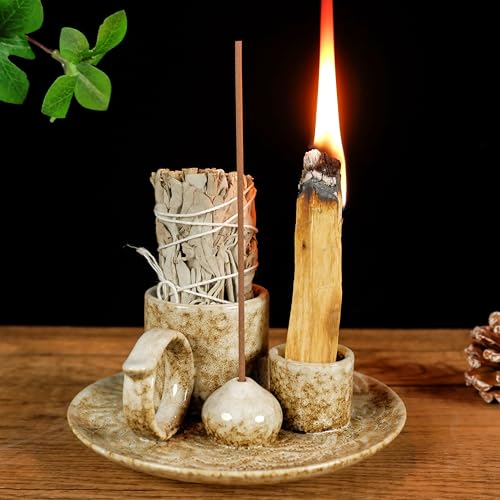 MOUGIGI 5.1Inch 5-in-1 Ceramic Smudge Bowl Brown - Incense Stick Holder, Small Candle Holder, Smudge Bowl/Dish, Fits Palo Santo, Sage.Zen Altar for Meditation/Yoga, Aromatic Scents, Easy to Clean - color: Multifunctional Palo Plate-brown