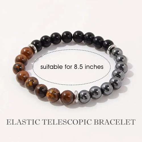 Energy Mens Beaded Bracelets,Triple Protection Bracelet for Men,Made of Three Kinds of 8mm Beads (Black Obsidian Hematite Tiger Eye Beaded), Personalized Gifts for Men - size: 8.4 inches