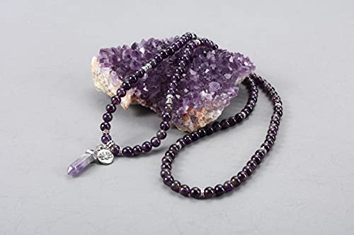 Jovivi 108 Mala Beads Bracelet 8mm Natural Amethyst Rose Quartz Healing Crystal Stone Mala Prayer Bead Necklace Hexagonal Prism Gemstone Reiki Pointed Pendant for Yoga Meditation Energy Balancing - color: Amethyst Crystal